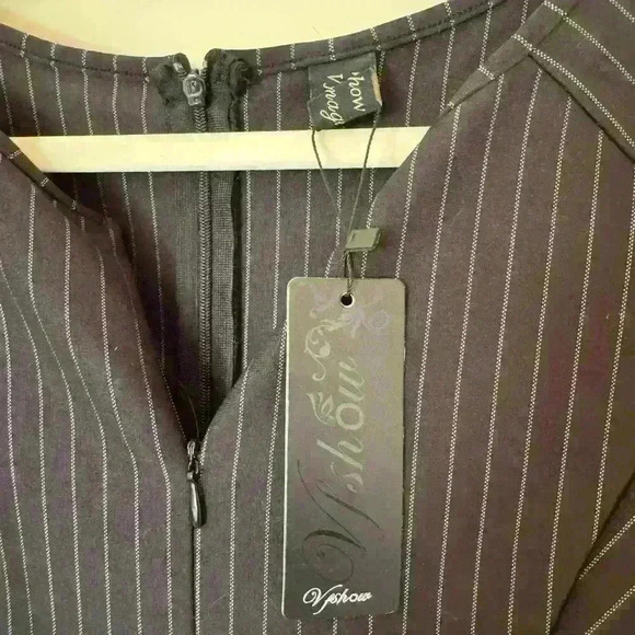 VFshow Black White Pinstripe Sheath Dress Double Zippers 3/4 Sleeve Size L - Picture 5 of 6
